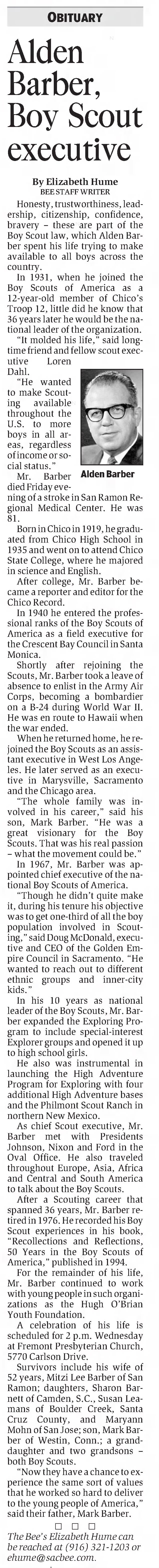 Alden Barber, Boy Scout executive; 21 Jan 2003; The Sacramento Bee; B4