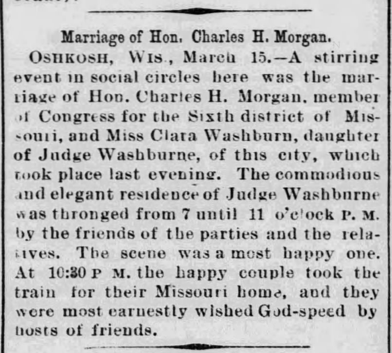 Marriage of Hon. Charles H. Morgan; 18 Mar 1877; Kansas City Times; 2