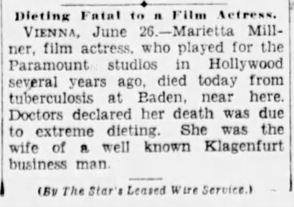 Dieting Fatal to a Film Actress; 27 Jun 1929; The Kansas City Times; 1