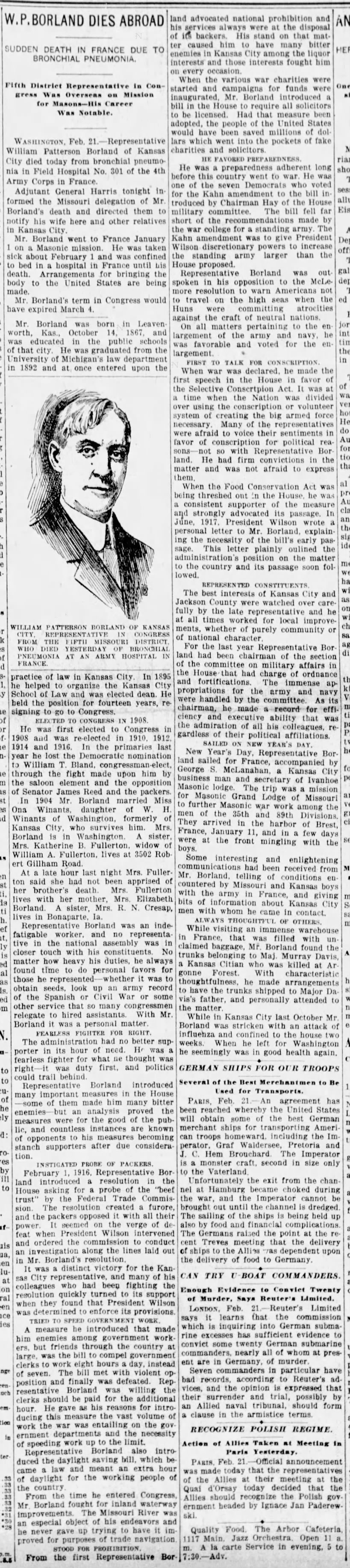 W. P. Borland Dies Abroad; 22 Feb 1919; The Kansas City Times; 1