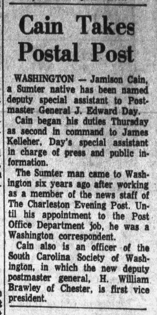 Cain Takes Postal Post; 10 Mar 1961; The Item; 13