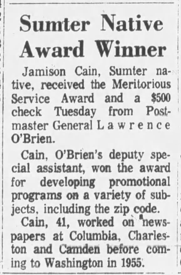 Sumter Native Award Winner; 19 Jul 1967; The Item; 2