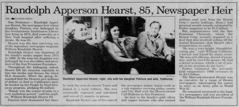 Randolph Apperson Hearst, 85, Newspaper Heir; Newsday; 19 Dec 2000; A59