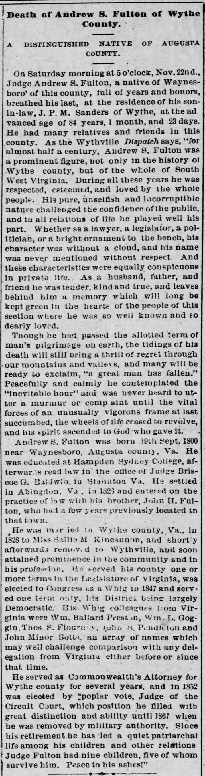 Death of Andrew S. Fulton of Wythe County; 3 Dec 1884; Staunton Spectator and General Advertiser; 3