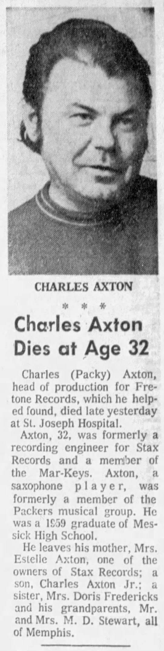 Charles Axton Dies at Age 32; 21 Jan 1974; The Memphis Press-Scimitar; 21