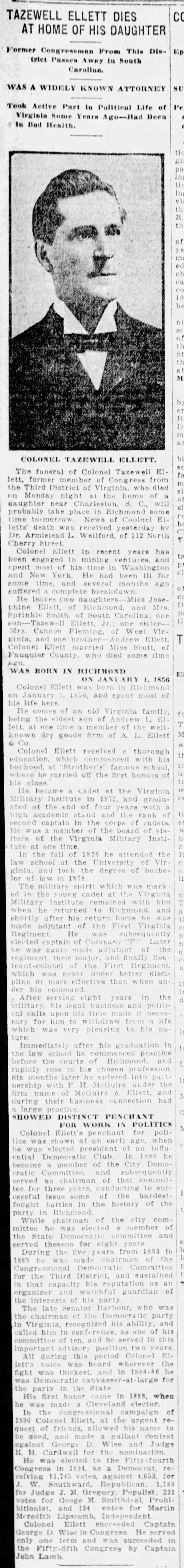 Tazewell Ellett Dies at Home of His Daughter; 20 May 1914; The Times-Dispatch; 11