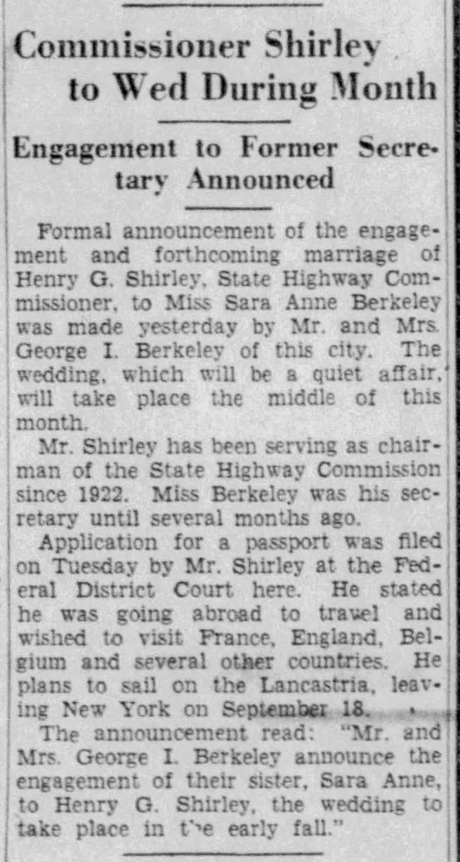 Commissioner Shirley to Wed During Month; 4 Sep 1930; The Times Dispatch; 13