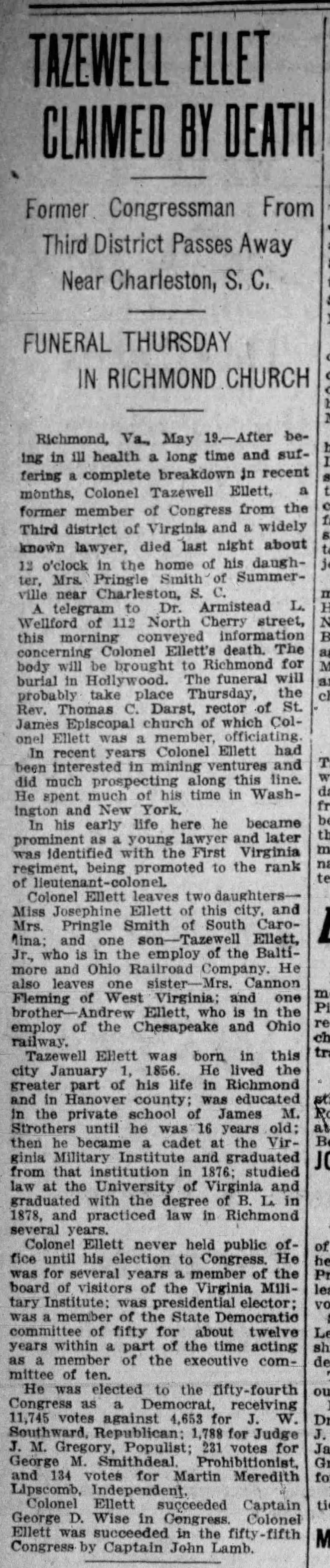 Tazewell Ellet Claimed by Death; 20 May 1914; Virginian-Pilot; 2