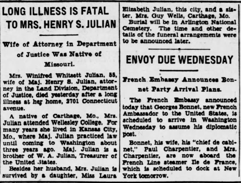 Long Illness is Fatal to Mrs. Henry S. Julian; 15 Feb 1937; Evening Star; B4