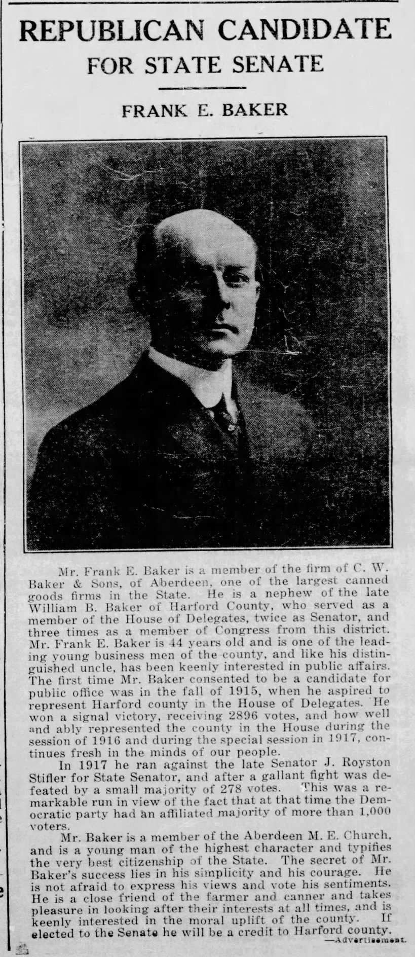 Frank E. Baker; 28 Oct 1921; The Aegis and Intelligencer; 1