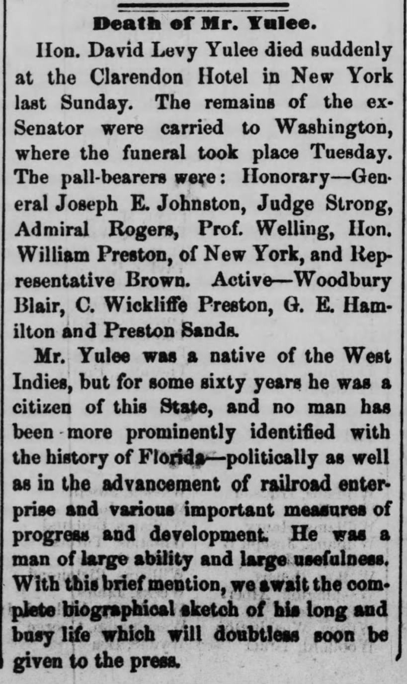 Death of Mr. Yulee; 14 Oct 1886; The Weekly Floridian; 2