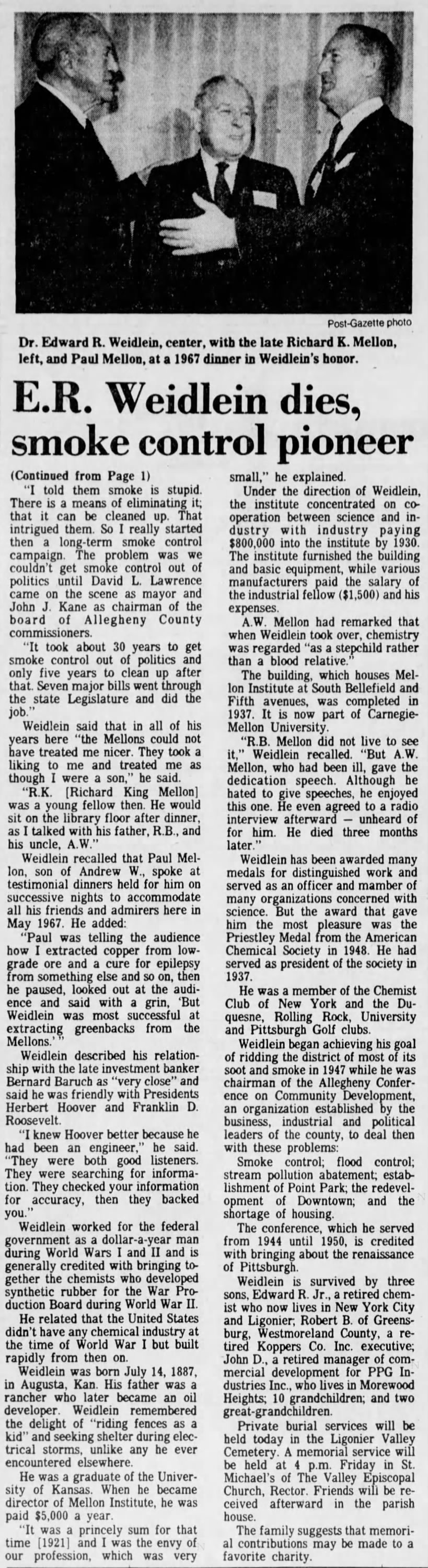 E. R. Weidlein dies, smoke control pioneer; 17 Aug 1983; Pittsburgh Post-Gazette; 10