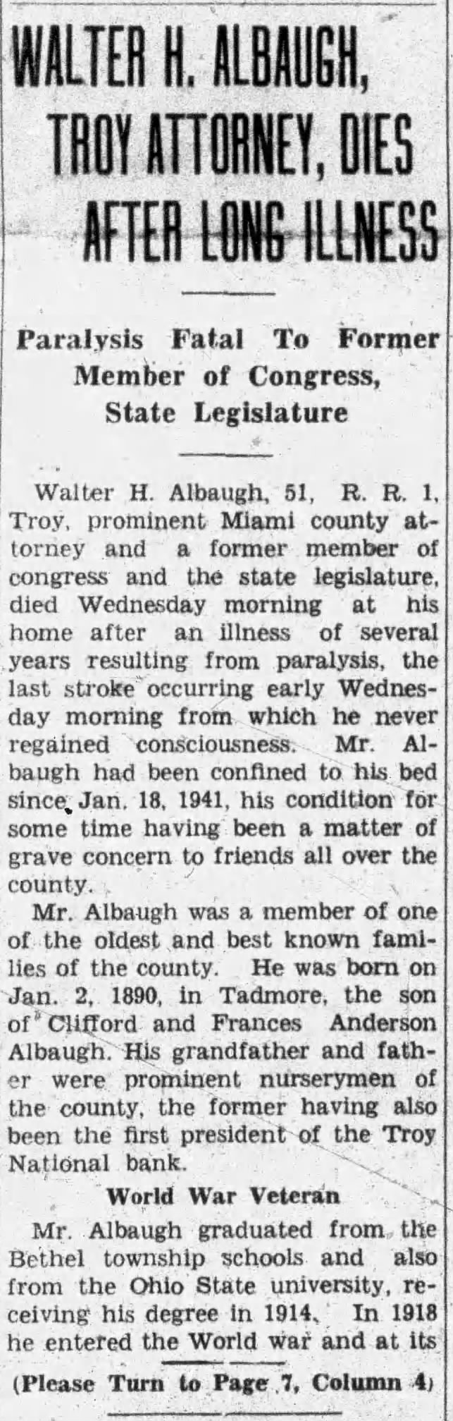 Walter H. Albaugh, Troy Attorney, Dies After Long Illness; 21 Jan 1942; Troy Daily News; 1