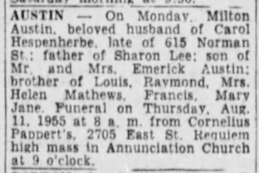 Austin, Milton Death Notice Pittsburgh Press 9 Aug 1955 Tue Page 26