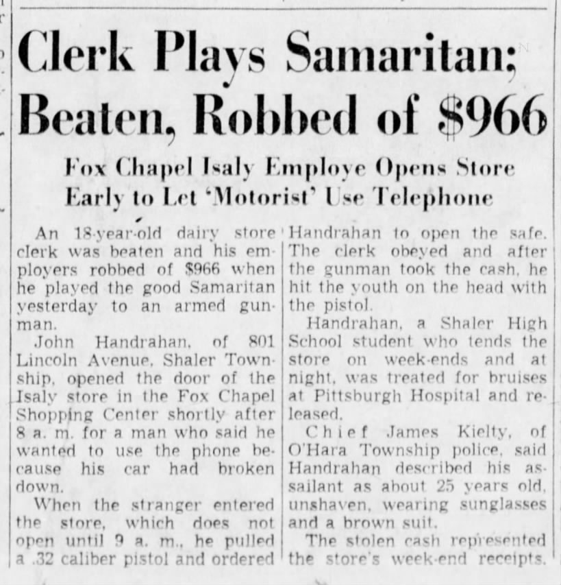 Handrahan, Jack Isaly's Robbery Pittsburgh Post-Gazette 11 May 1959 Page 1