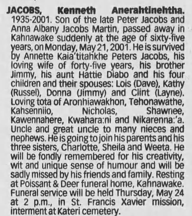 Obituary for Kenneth Anerahtlnehtha JACOBS
