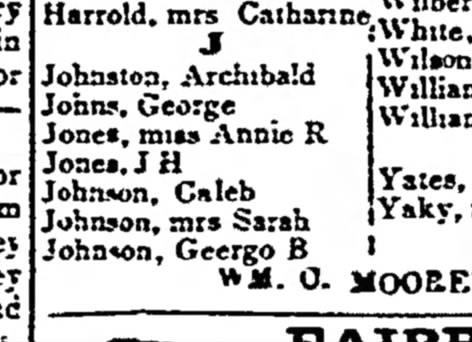 Unclaimed letters/mail for both Caleb Johnson and Mrs. Sarah Johnson, 1864, Zanesville, OH