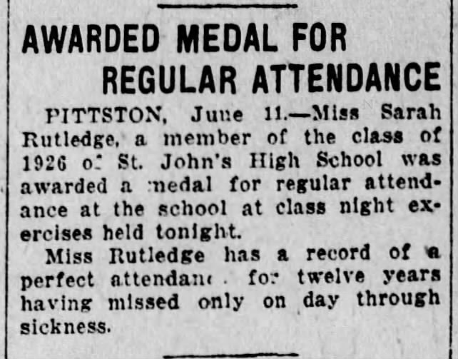 Sarah Rutledge Class of 1926. St. John's High School. Attendance Award. 12 June 1926