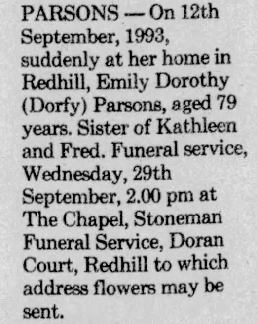 Obituary for Emily Dorothy PARSONS