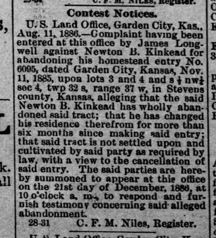 Newton B Kinkead abandons land grant in Kansas in 1886