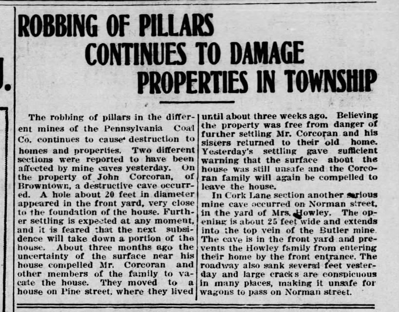 Robbing of Pillars, Cavings, Pittston, Cork Lane, Browntown, 1911