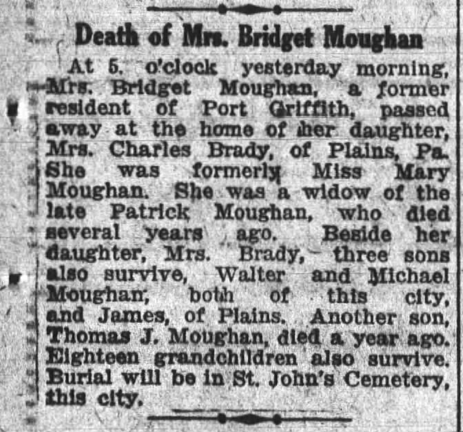 Death of Mrs. Bridget Moughan, wife of Patrick Moughan, April 1923