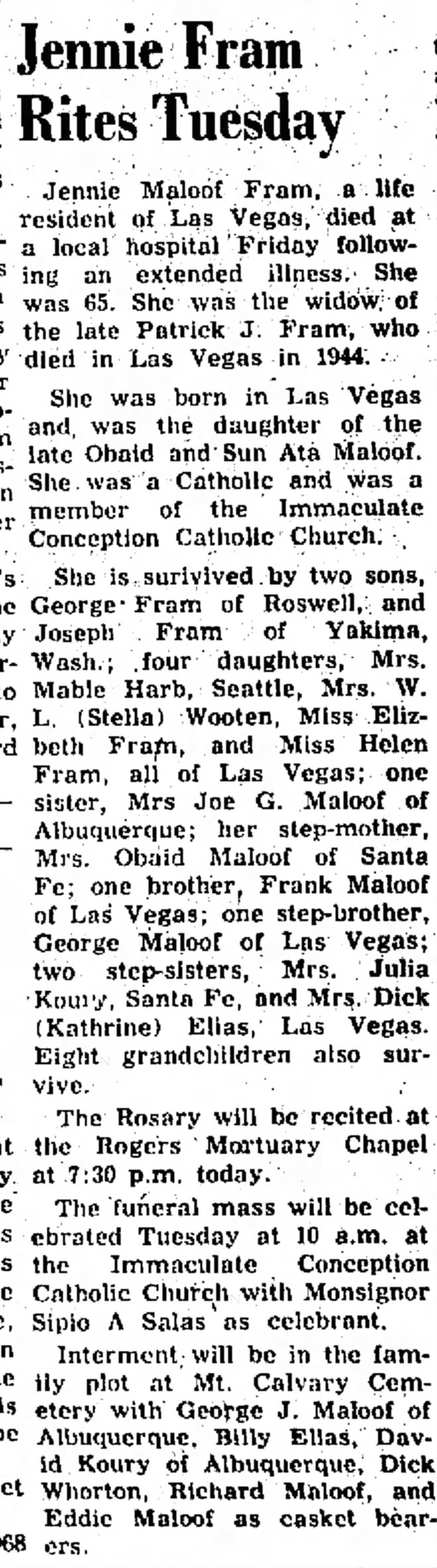 Jennie Fram obit
1 Apr 1968
Monday
Page 2
Las Vegas Optic