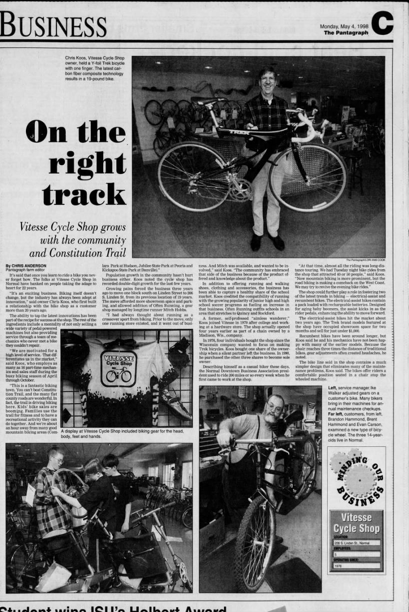 Vitesse Cycle- full page article about the shop's history and several photos
