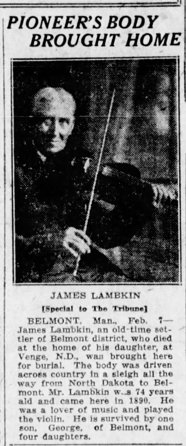 James (John) Lambkin Death The Winnipeg Tribune, Winnipeg, MB, 7 Feb 1924, Thursday, Page 5