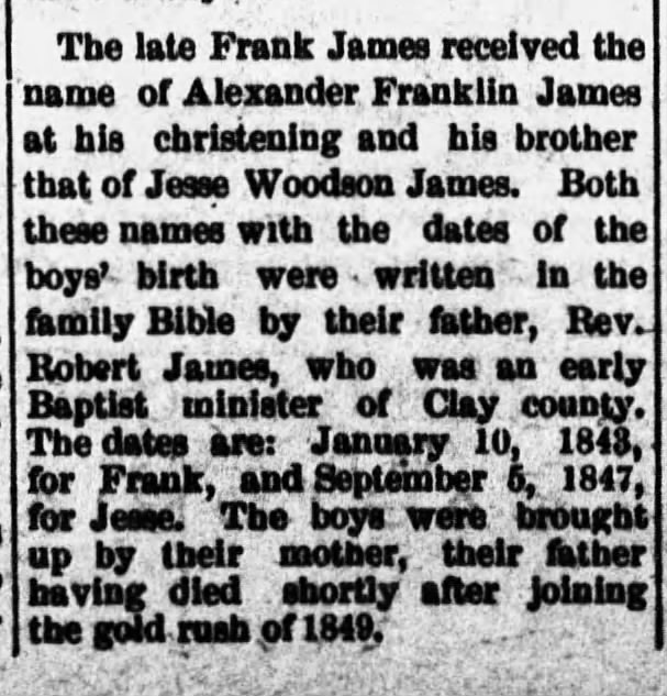 Frank  and Jesse James; birth names and dates listed in father's Bible