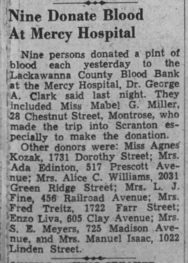 The Tribune - 25 Feb 1943 - Anna Treitz Blood Donation