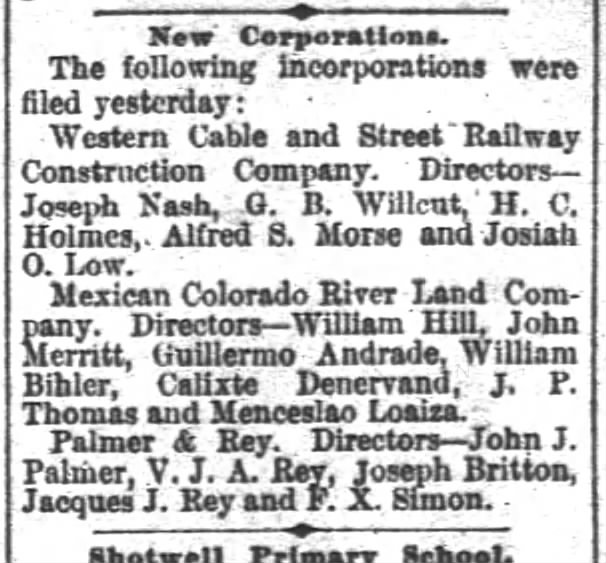 New Corporation 11 April 1889 - San Francisco Chronicle