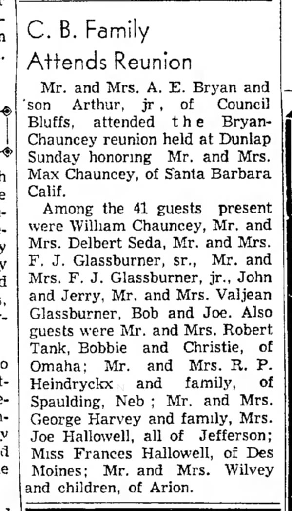 GGrandpa Chauncey attends Bryan-Chauncey Family Reunion Jul1952