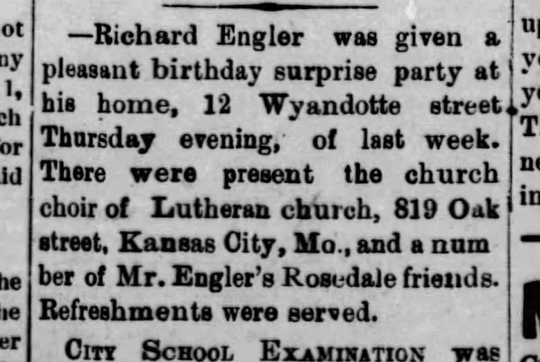Surprise birthday party thrown for Richard F. Engler. 06-03-1899.