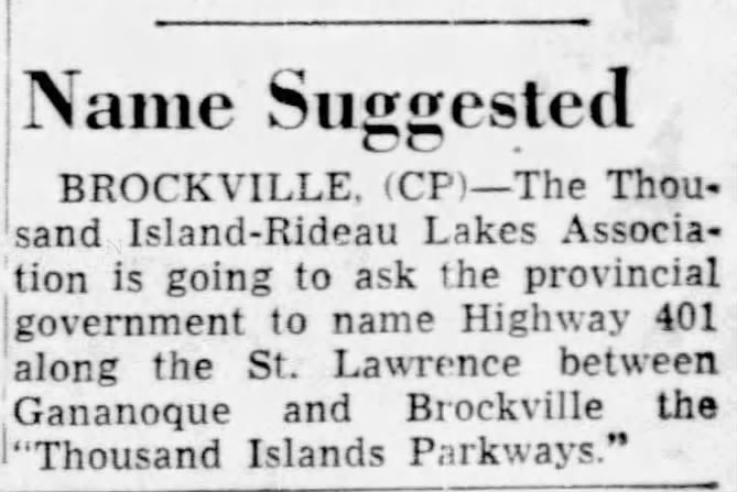 Asking province to name 401 as Thousand Island Parkway