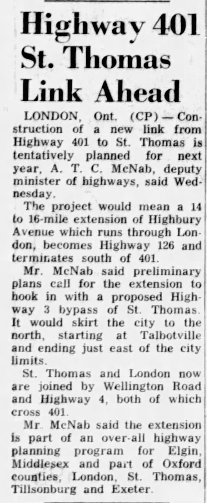 Highway 401 St. Thomas Link Ahead