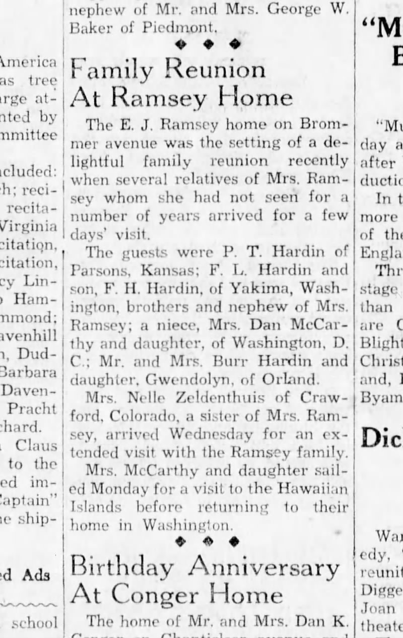Santa Cruz Sentinel 15 Dec 1935 Family Reunion - Hardin