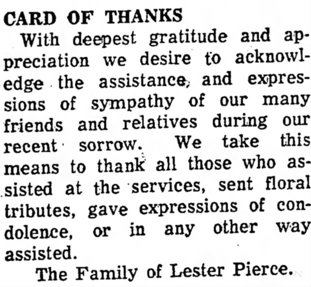 Lester Pierce Family, Card of Thanks. 21 Feb 1958