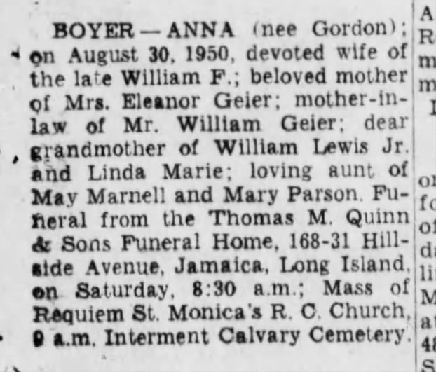 Aug 31 1950 Brooklyn Eagle death announcement for Anna Boyer