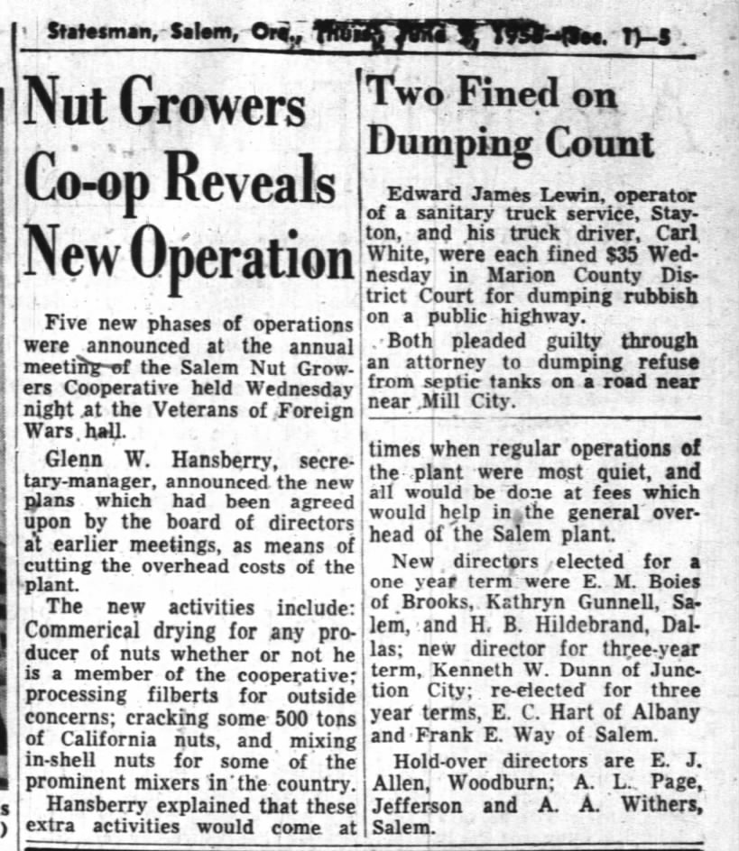1955 06 02 Salem Nut Growers Co-op reelects Kenneth W Dunn to 3 yr term as a director.