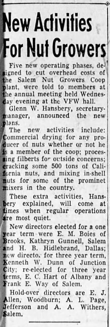 1955 06 02 Salem Nut Growers cutting overhead costs. K W Dunn re-elected a director.