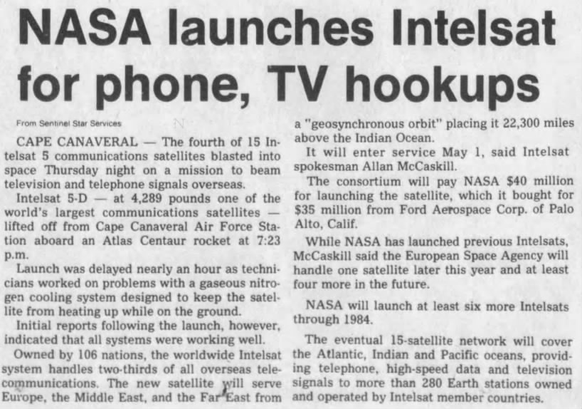 NASA launches Intelsat for phone, TV hookups