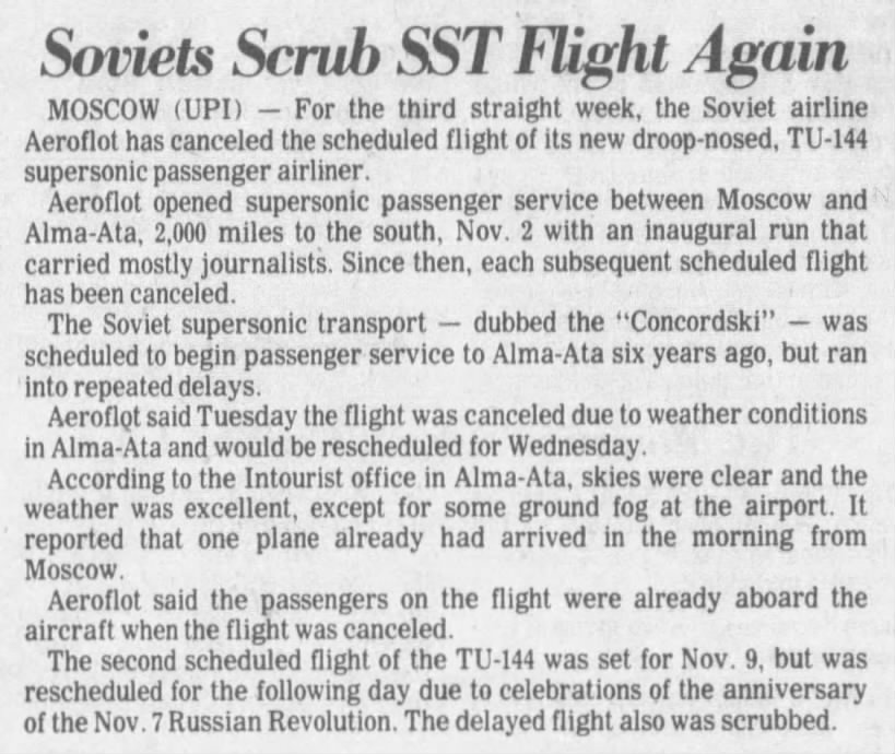 Soviets Scrub SST Flight Again