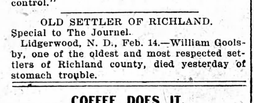 Wm Goolsbey dies Feb 14, 1902
Richland Settler Dies