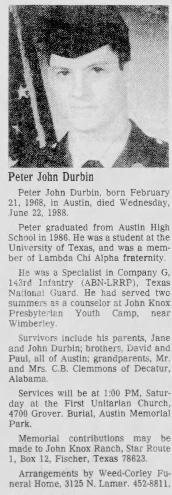 Death of Peter John Durbin June 22, 1988.