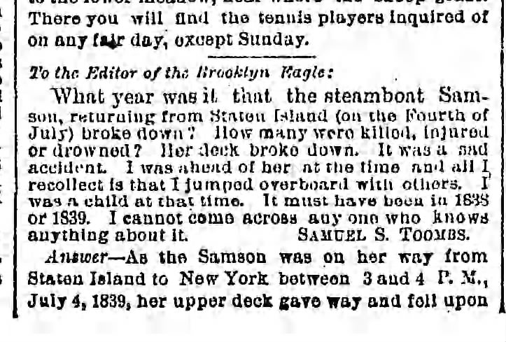 Toombs, Samuel Brooklyn Daily Eagle, June 17, 1888, question about Steamboat Samson sinking
