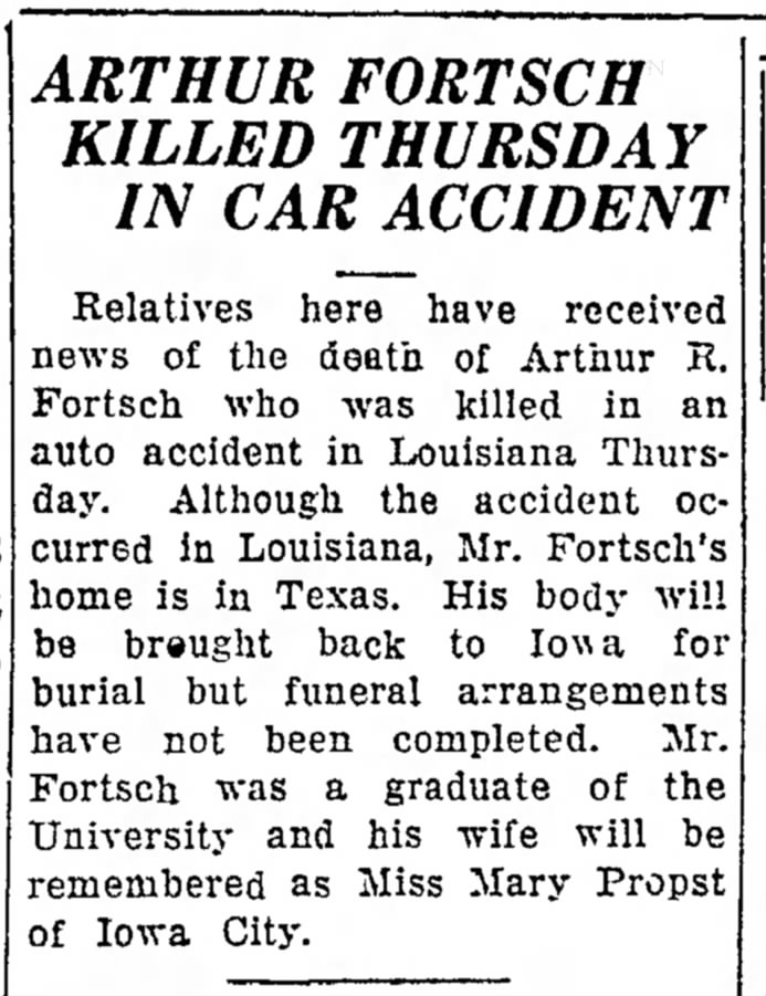 Arthur Fortsch Killed in Louisiana 1926