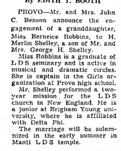 Berneice Robbins and H Merlin Shelley wedding announcement