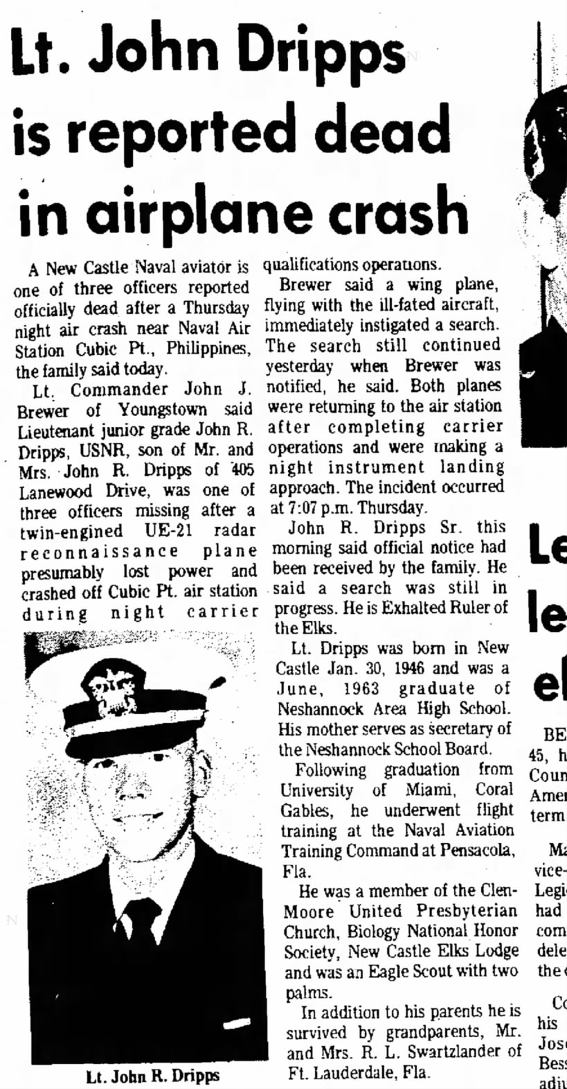 LT JOHN DRIPPS KILLED  NAVAL AVIATOR FROM NEW CASTLE PA 1970