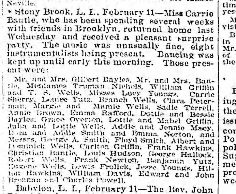 feb 11 1898 party for carrie bantle in stony brook